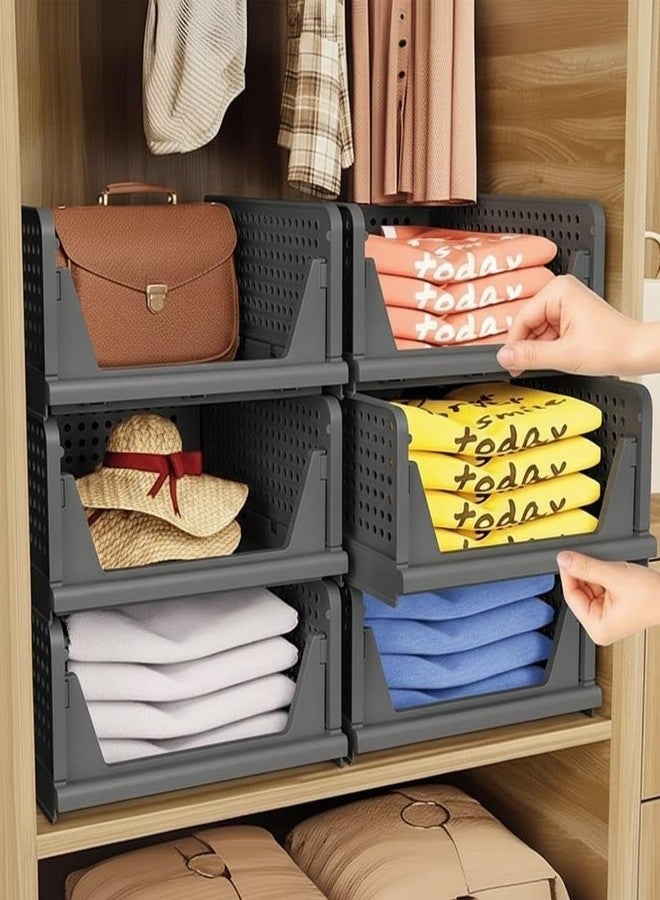 MECHDEL Wardrobe Organizer for Storage/Polypropylene Foldable & Stackable Closet Basket/Cupboard Organizer for Clothes/Mounted Closet Systems (FOLDABLE BASKET-GREY, 6PCS) - Image 3